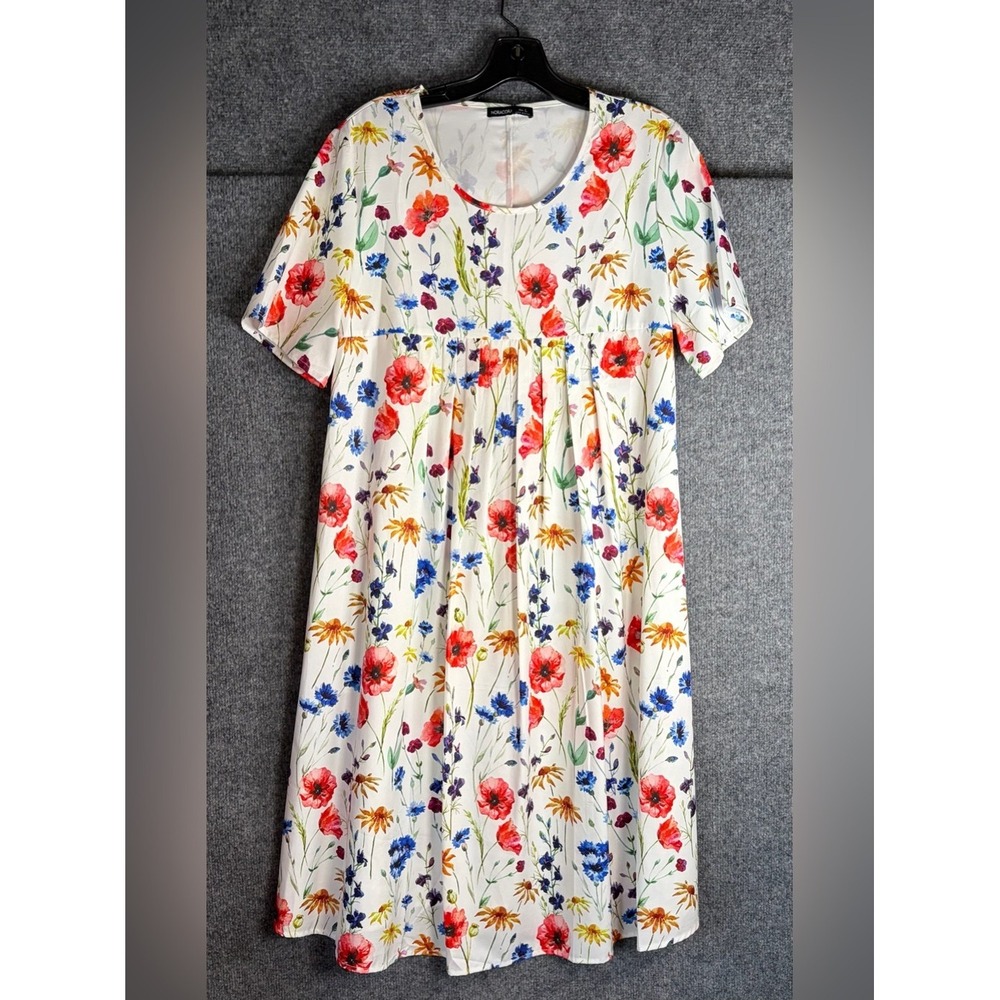 Noracora Floral Midi Dress Women Size L White Red Blue Wildflower Empire Waist